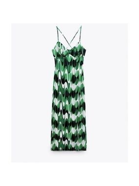 ZARA Green Wave-Print Slip Dress - Women's